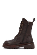 Woman Brown Zip Closure Lace-Up Leather Combat Boots | Derimod