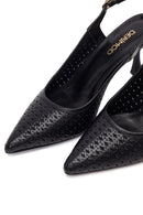 Women's Black Ankle Buckle Printed Thin Heel Open Back Leather Shoes | Derimod