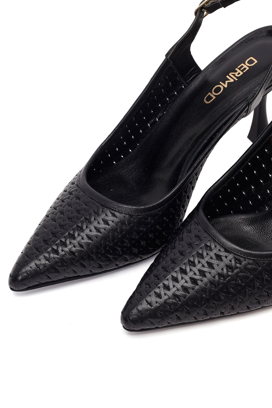 Women's Black Ankle Buckle Printed Thin Heel Open Back Leather Shoes