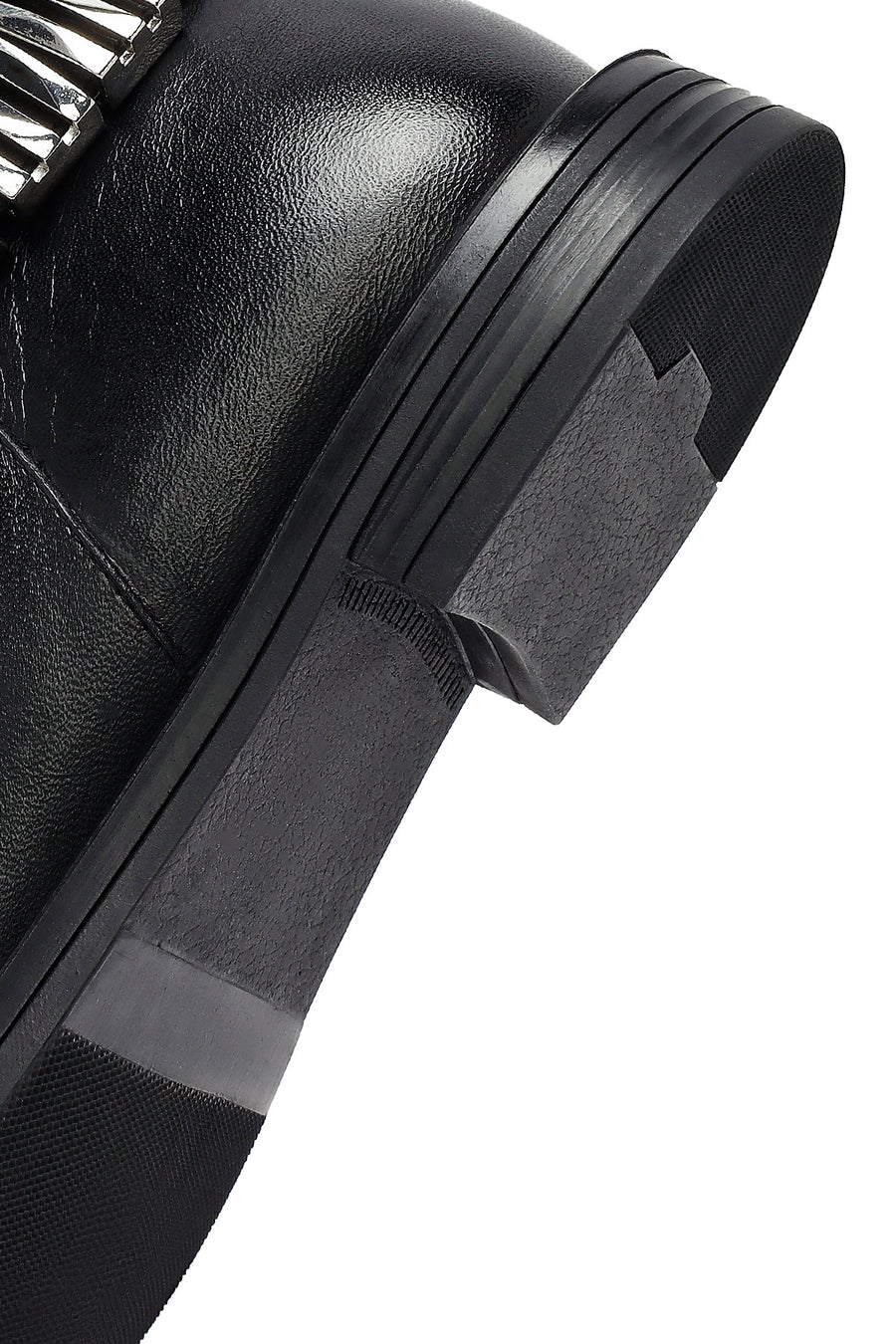 Woman Black Zippered Metal Detail Leather Boat