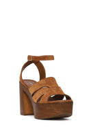 Women's Tan Ankle Buckle Thick High Heel Suede Leather Sandals | Derimod