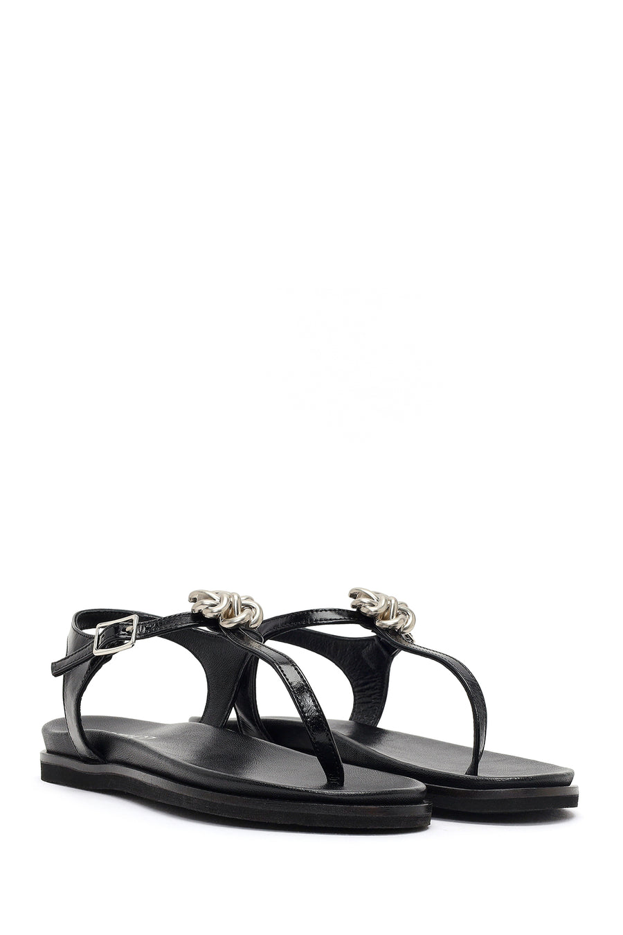 Women's Black Buckle Thong Leather Sandals