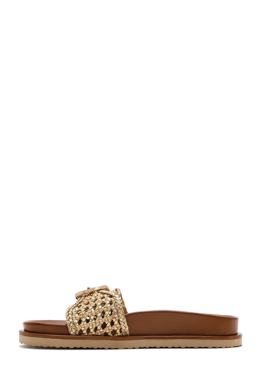 Women's Gold Buckled Straw Leather Slippers