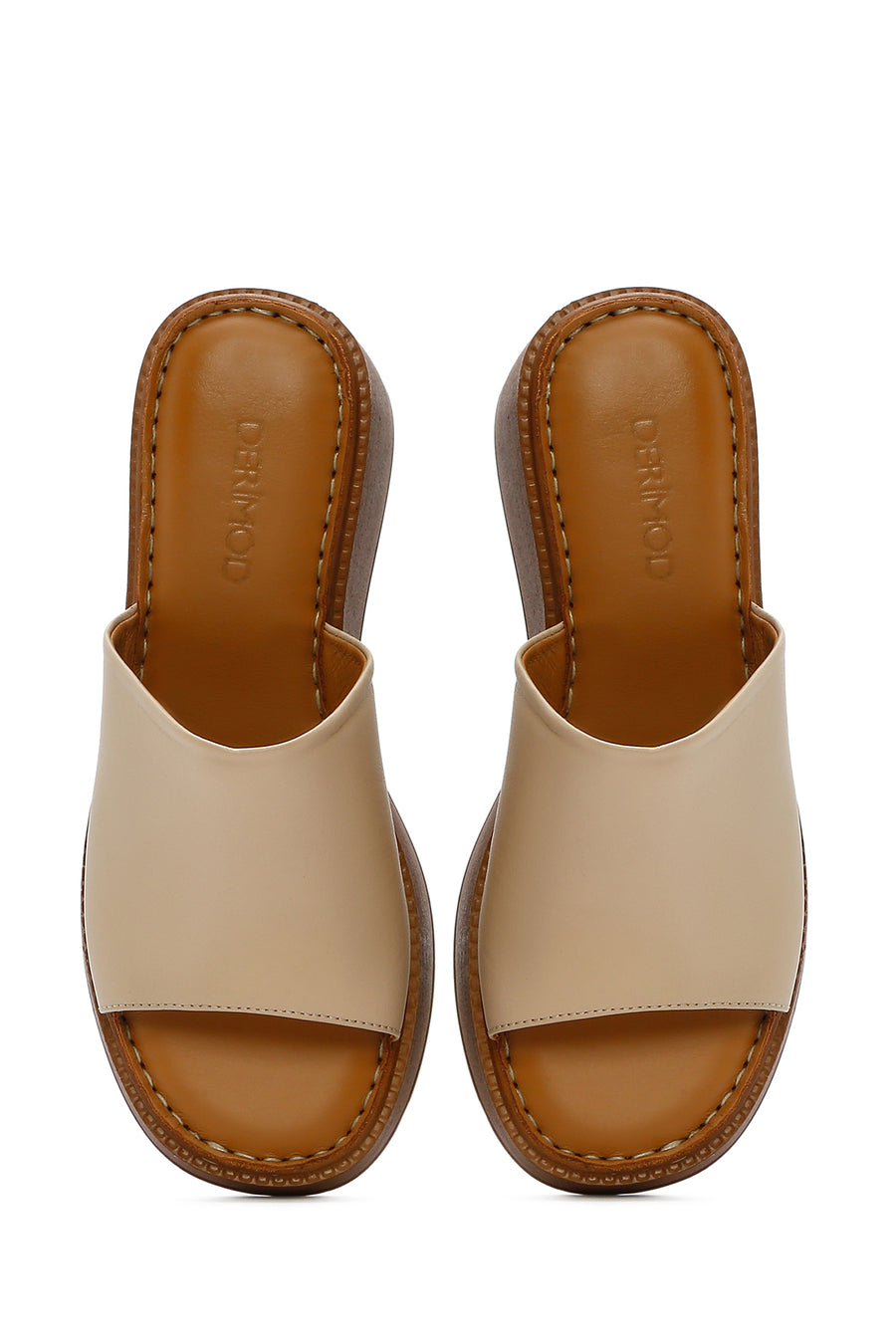 Women's Beige Thick Soled Leather Comfort Slippers