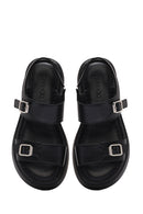 Women's Black Buckled Thick Soled Leather Comfort Sandals | Derimod