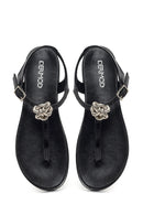 Women's Black Buckle Thong Leather Sandals | Derimod