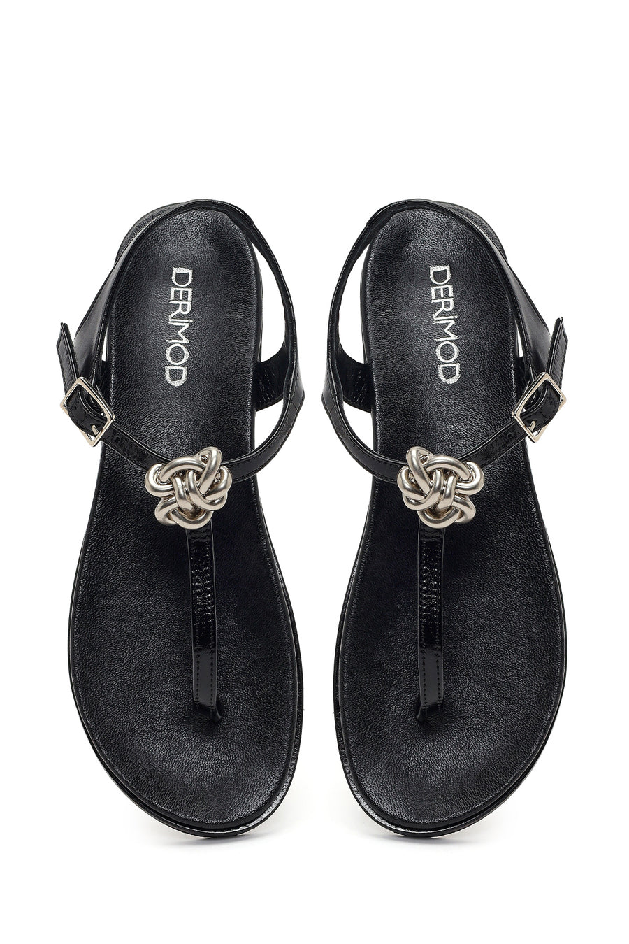 Women's Black Buckle Thong Leather Sandals