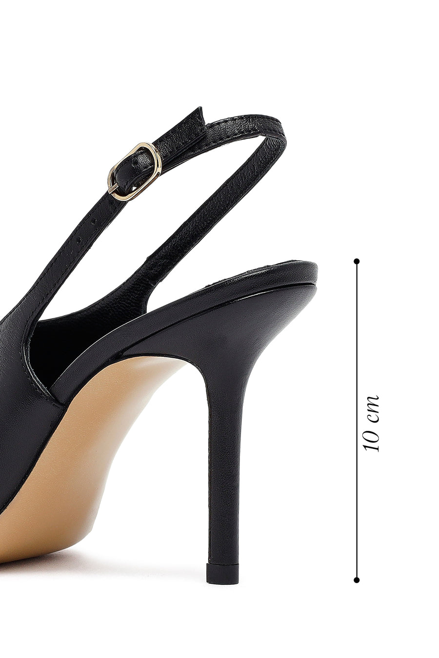 Woman Black Buckled Slingback High Thin Heel Leather Shoe