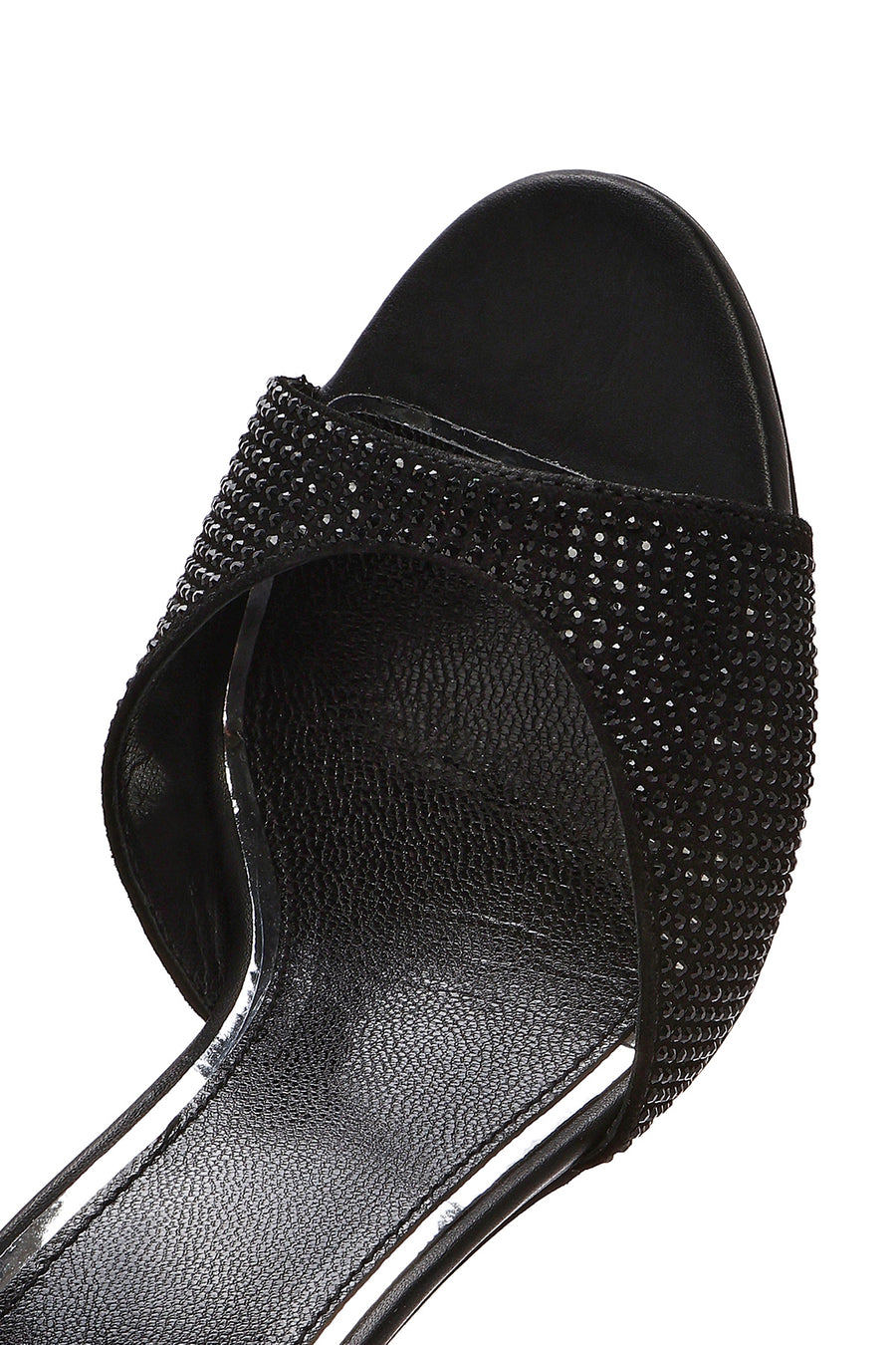 Women's Black Ankle Strap Stoned Leather Thin High Heel Shoes