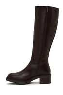 Woman Brown Zip Closure Thick-Heeled Leather Boots | Derimod