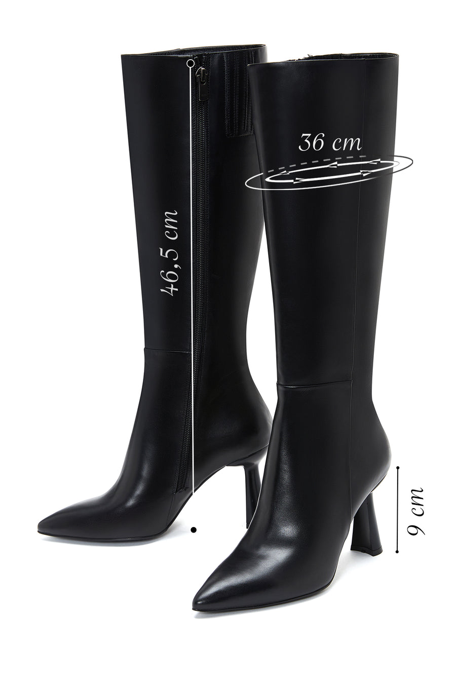 Women's Black Leather Zippered Heeled Boots