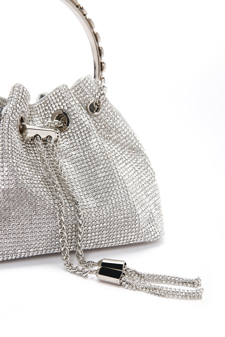 Women's Silver Long Chain Strap Stone Mini Evening Handbag