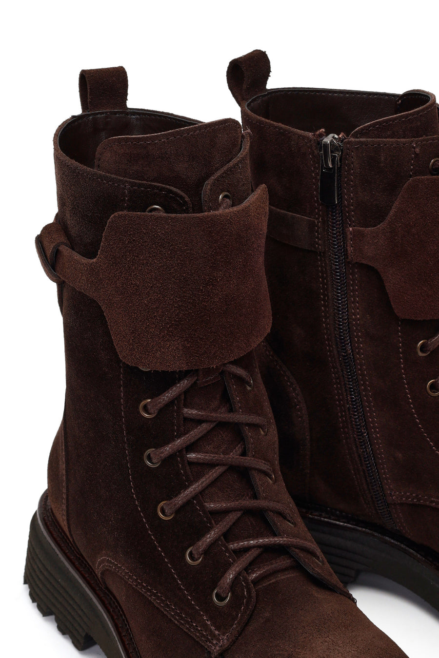 Woman Brown Lace-Up Zip Closure Suede Combat Boots