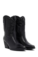 Woman Black Short Chunky Heel Leather Cowboy Boots | Derimod