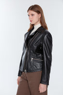 Stefania (Plus) Women's Black Biker Leather Coat | Derimod