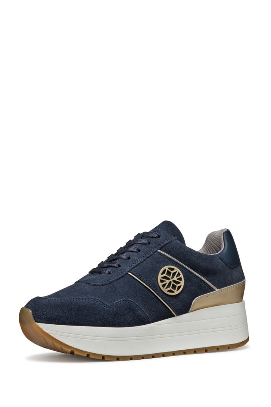 Geox Women Navy Low-Top Lace-Up Thick Sole Suede Leather Sneaker