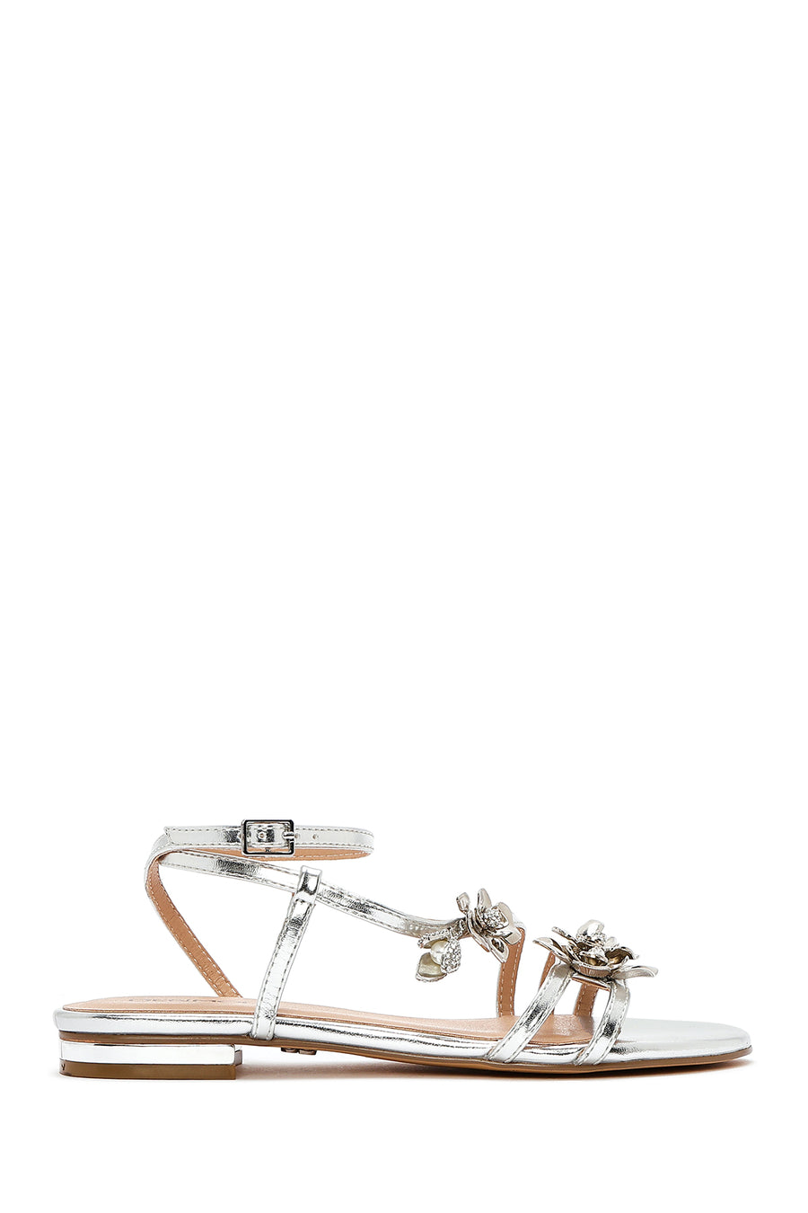 Women's Silver Ankle Buckle Stoned Metallic Sandals 25SFD442132 | Derimod