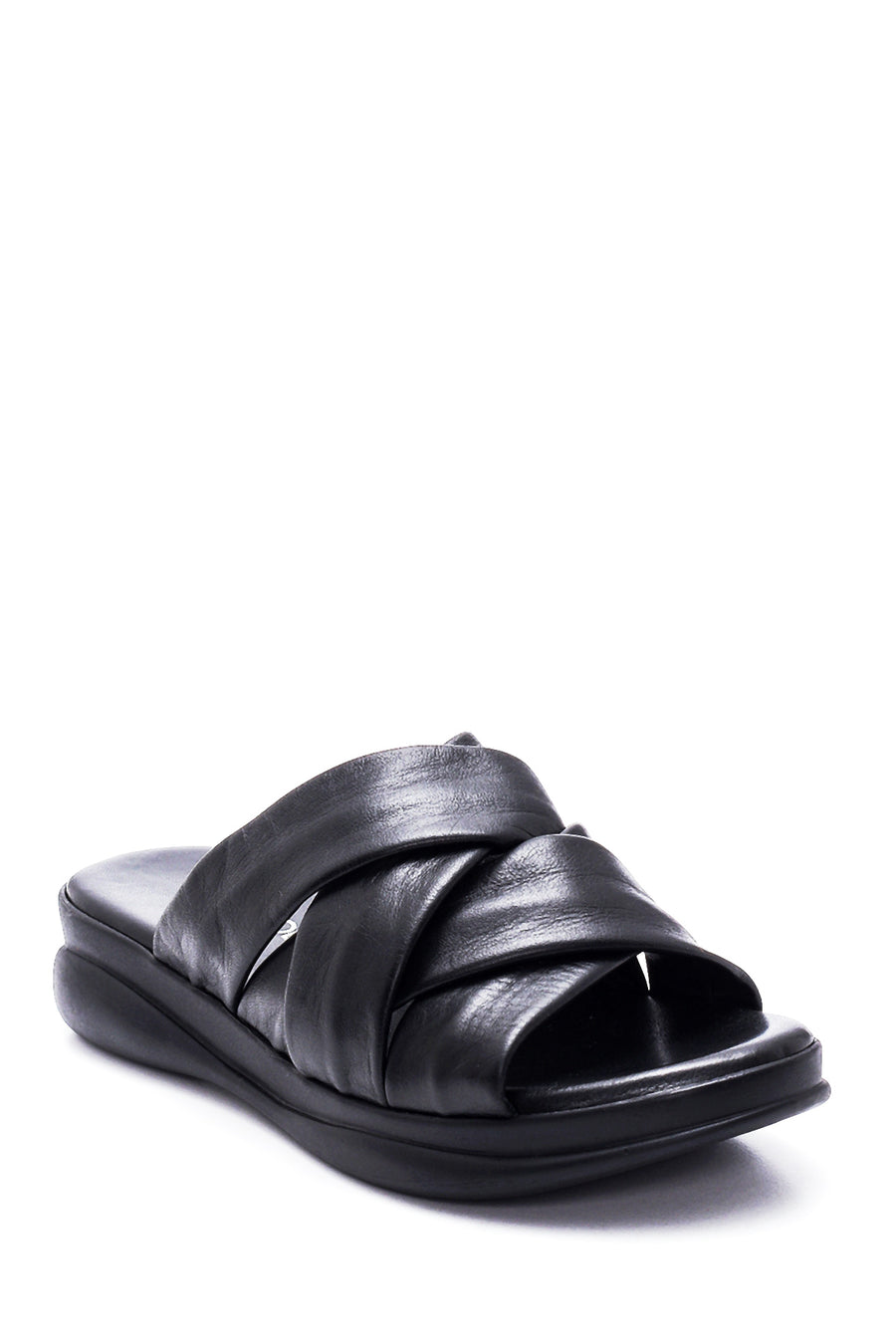 Women's Black Leather Casual Flat Slippers