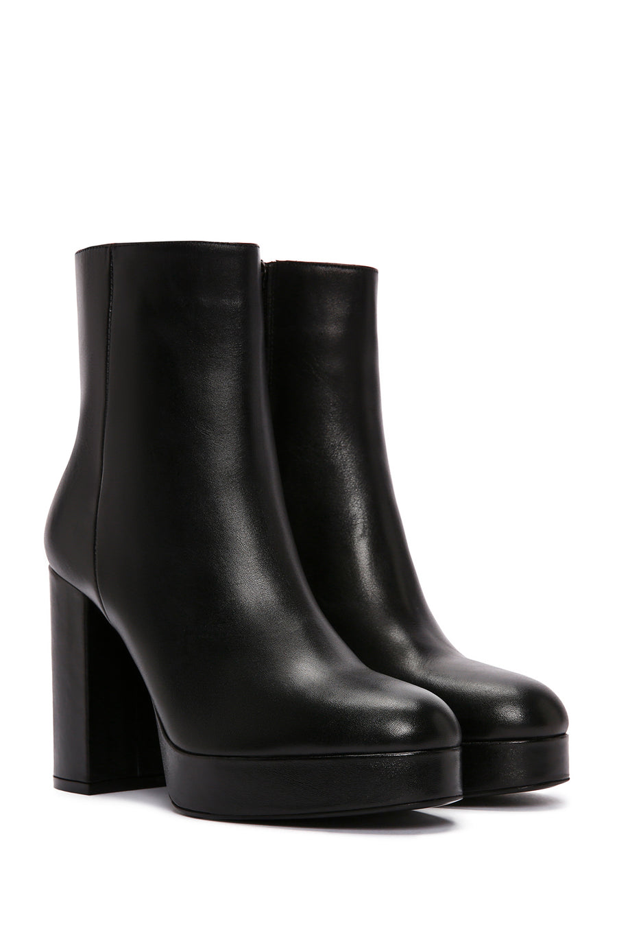 Women's Black Zippered Thick High Heel Leather Boots