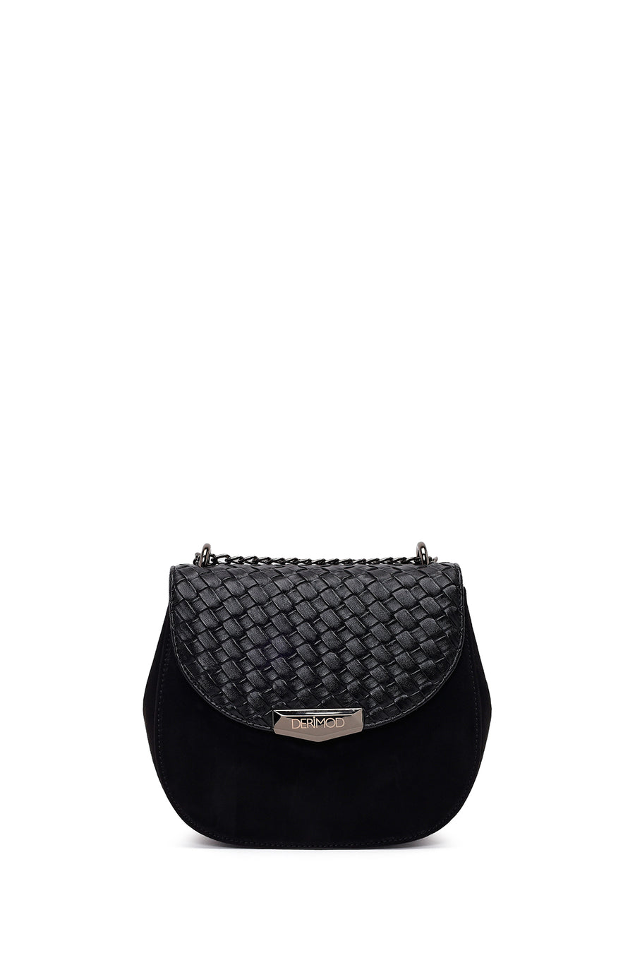Woman Black Chain Long-Strap Braided Crossbody Bag