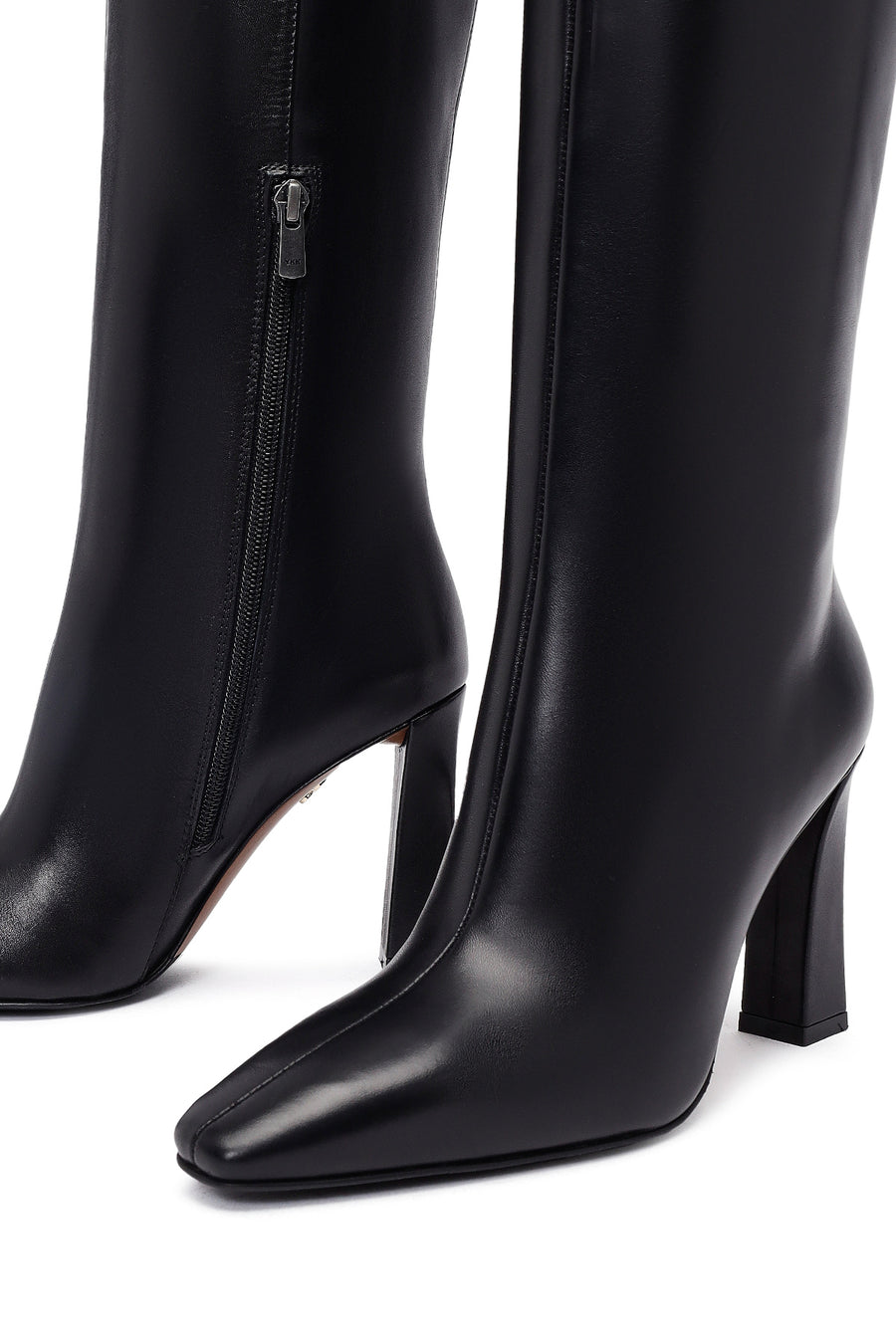 Women's Black Zippered High Thick Heel Leather Boot