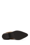 Woman Tan Short Thick-Heeled Embroidered Suede Cowboy Boots | Derimod