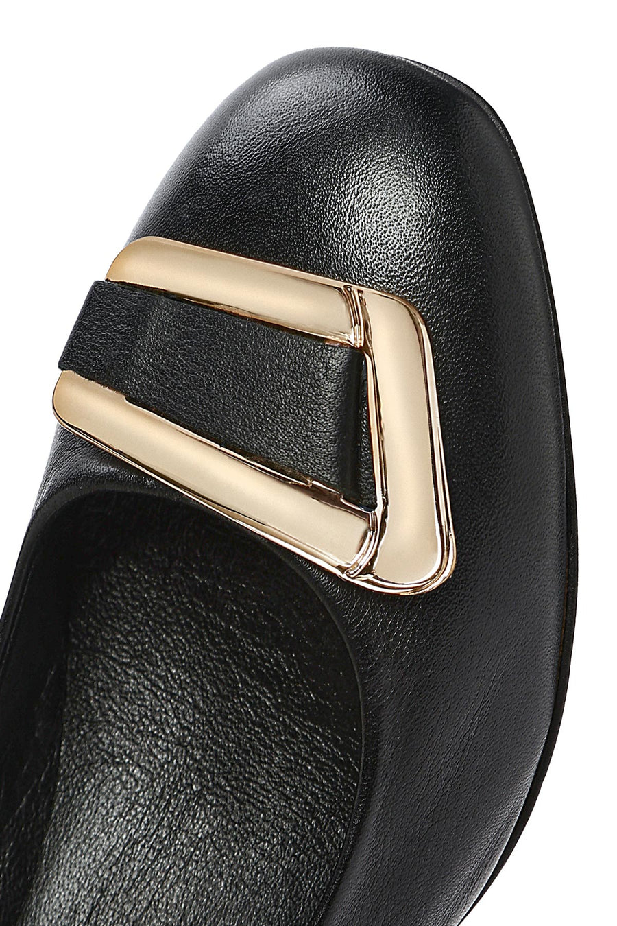 Women's Black Buckle Detailed Low Thick Heel Leather Shoes