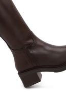 Woman Brown Zip Closure Thick-Heeled Leather Boots | Derimod