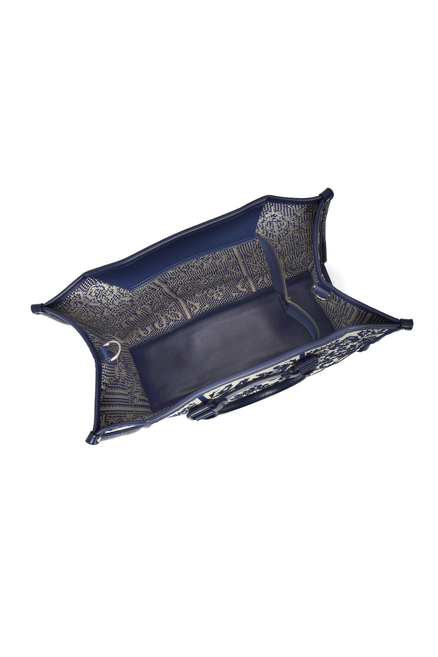 Woman Navy Patterned Fabric Long-Strap Shoulder Bag