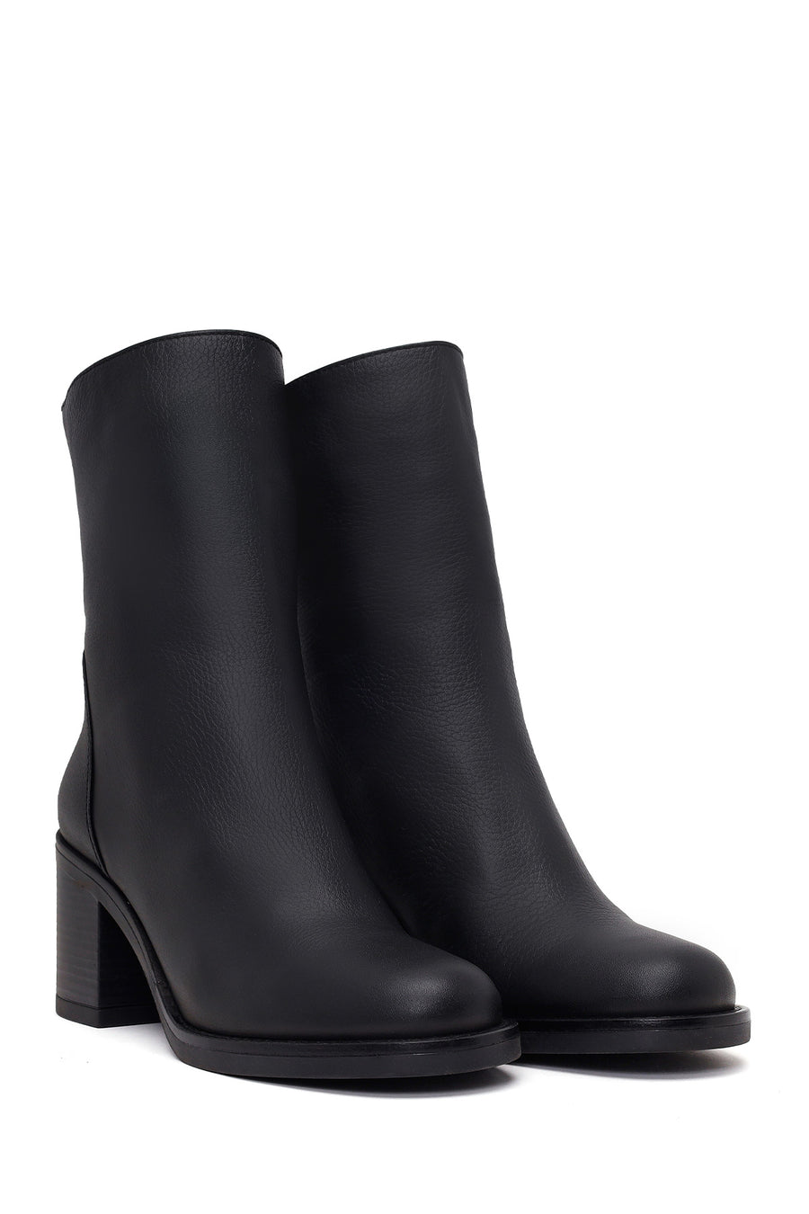 Woman Black Zip Closure Thick-Heeled Leather Boots