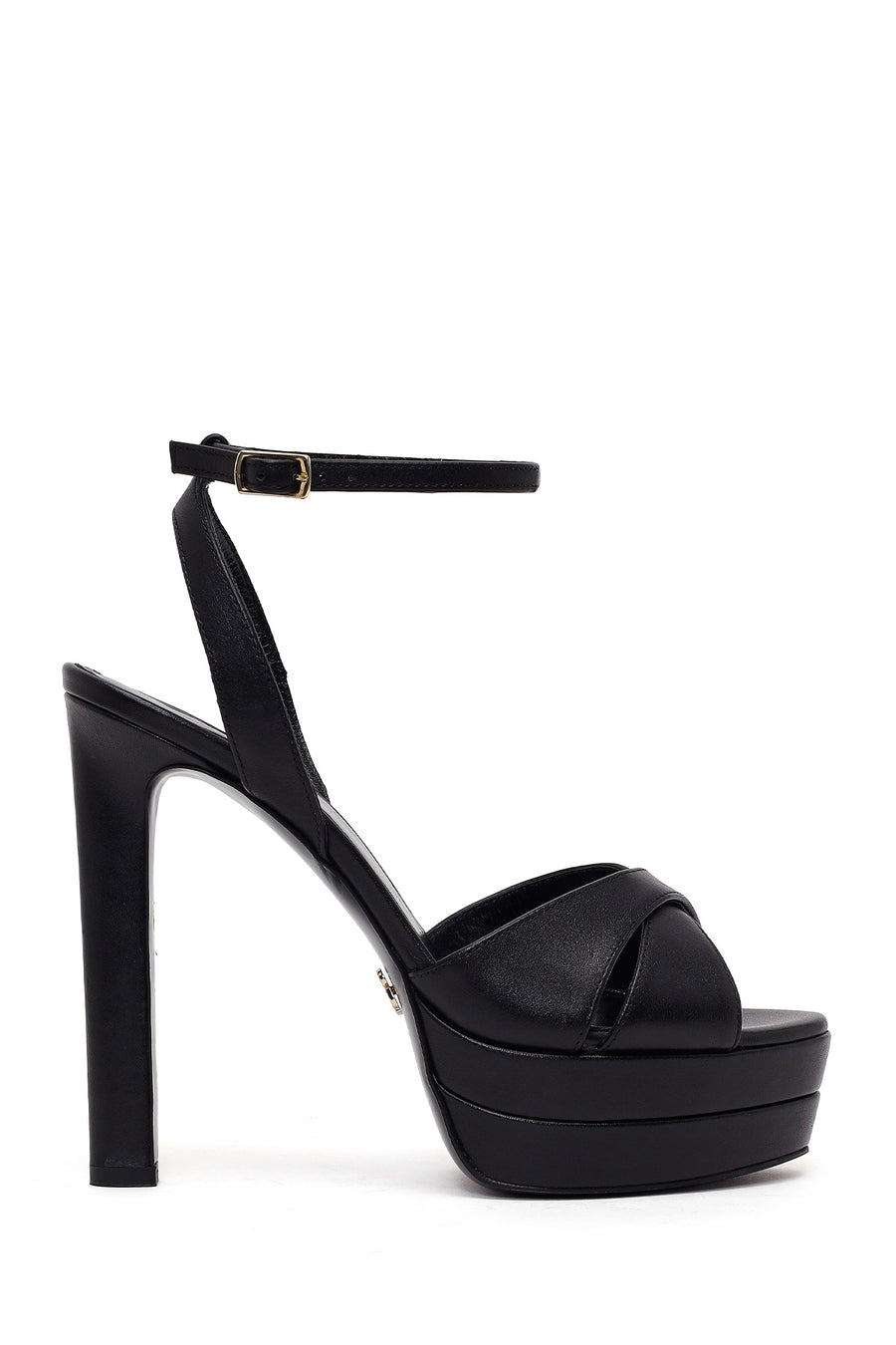 Woman Black Ankle-Strap Buckled Platform High Thick-Heel Leather Sandal AF110011DV | Derimod