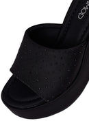 Woman Black Stone-Embellished Wedge-Heel Fabric Slipper | Derimod