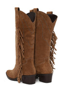 Woman Tan Fringed Chunky-Heeled Suede Cowboy Boots | Derimod