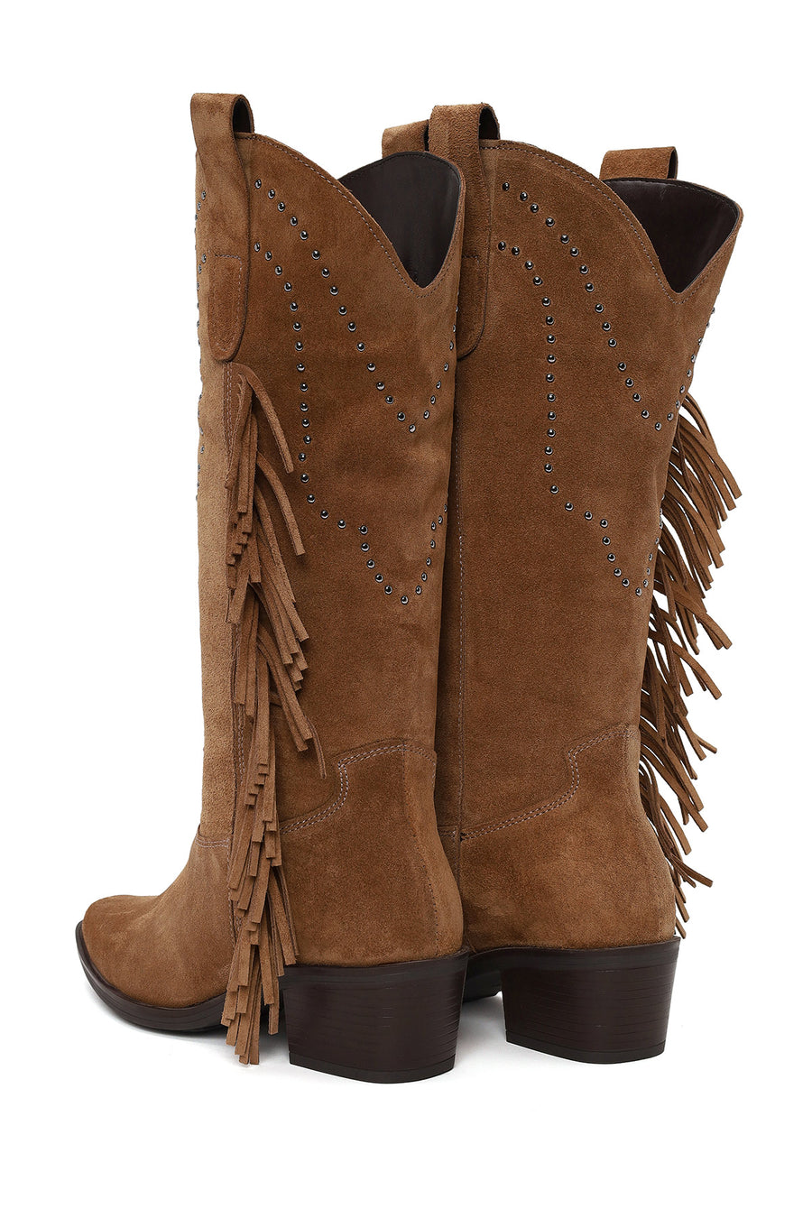 Woman Tan Fringed Chunky-Heeled Suede Cowboy Boots