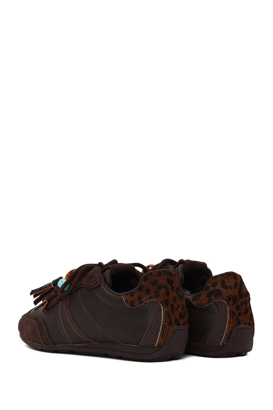 Woman Brown Lace-Up Leopard Leather Sneaker with Charm