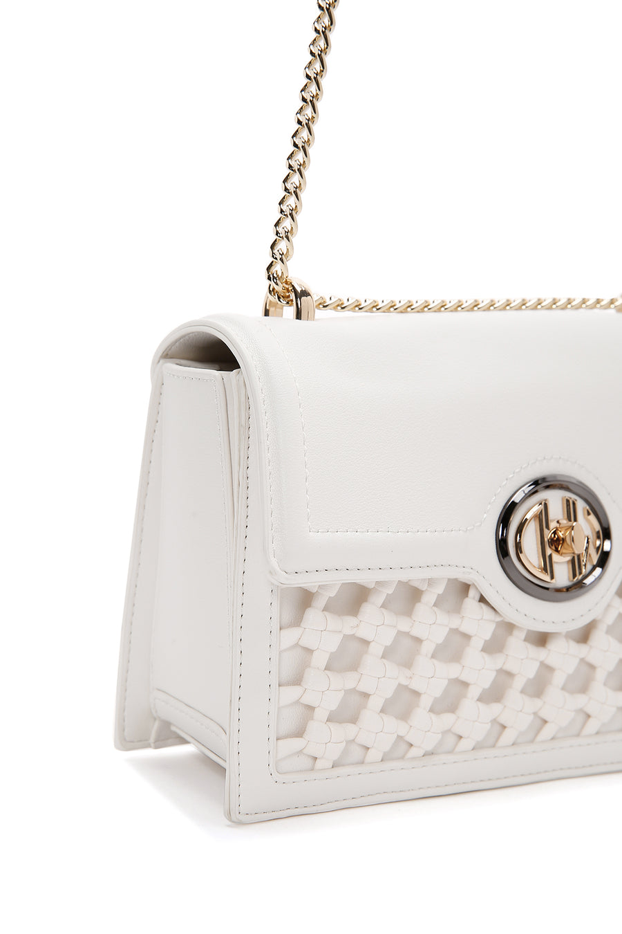 Woman White Chain Strap Braided Crossbody Bag