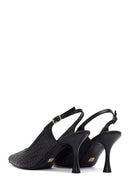 Women's Black Ankle Buckle Printed Thin Heel Open Back Leather Shoes | Derimod