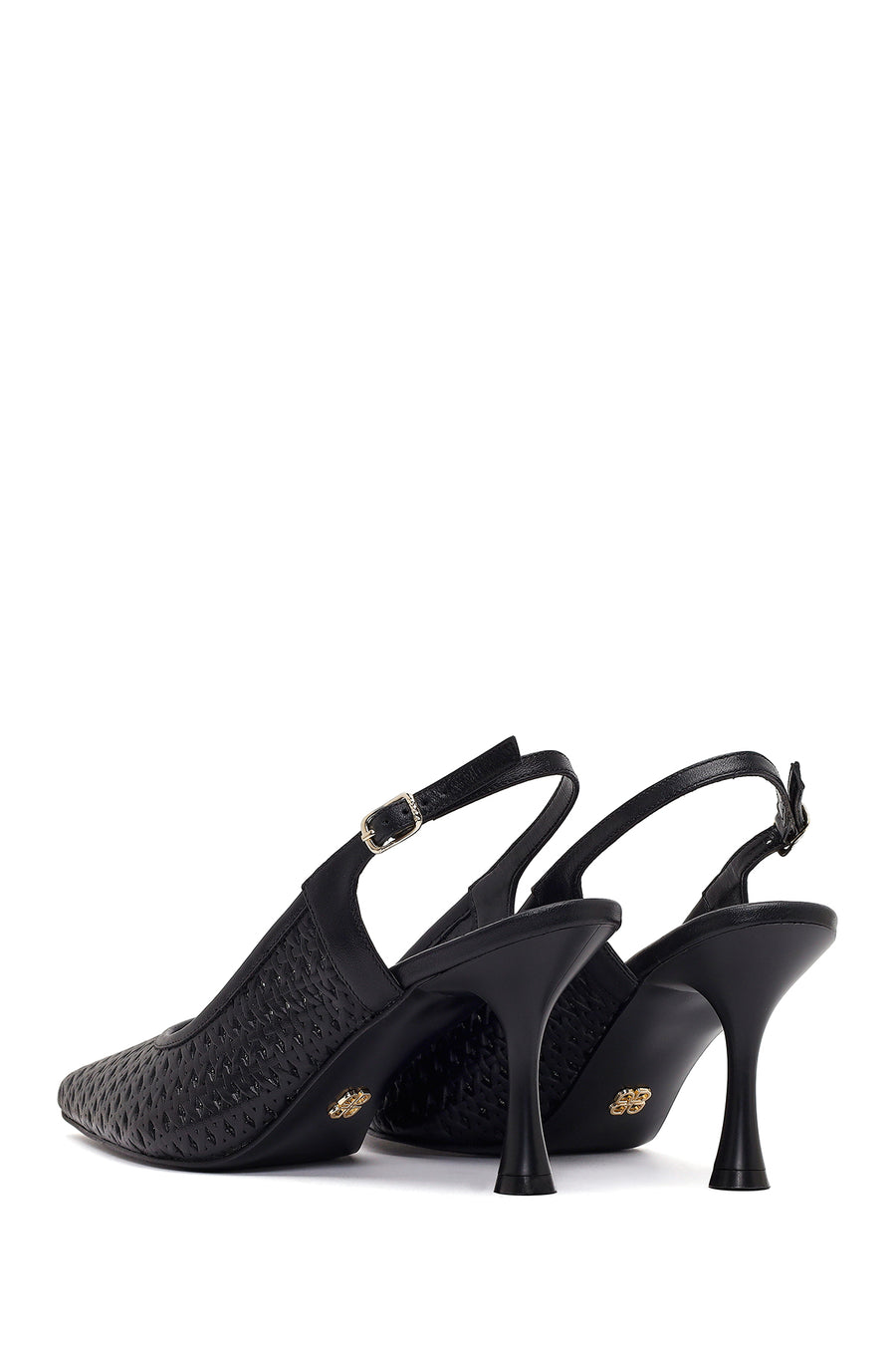 Women's Black Ankle Buckle Printed Thin Heel Open Back Leather Shoes