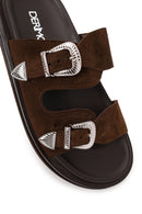 Woman Brown Double-Buckle Suede Slipper | Derimod