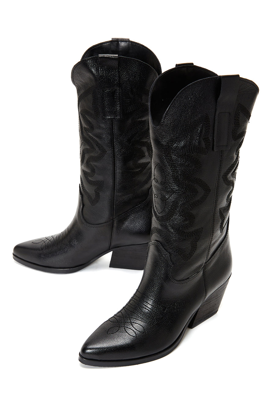 Women's Black Thick Heeled Leather Cowboy Boots