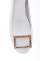 Women's White Leather Ballerinas with Stone Buckle | Derimod