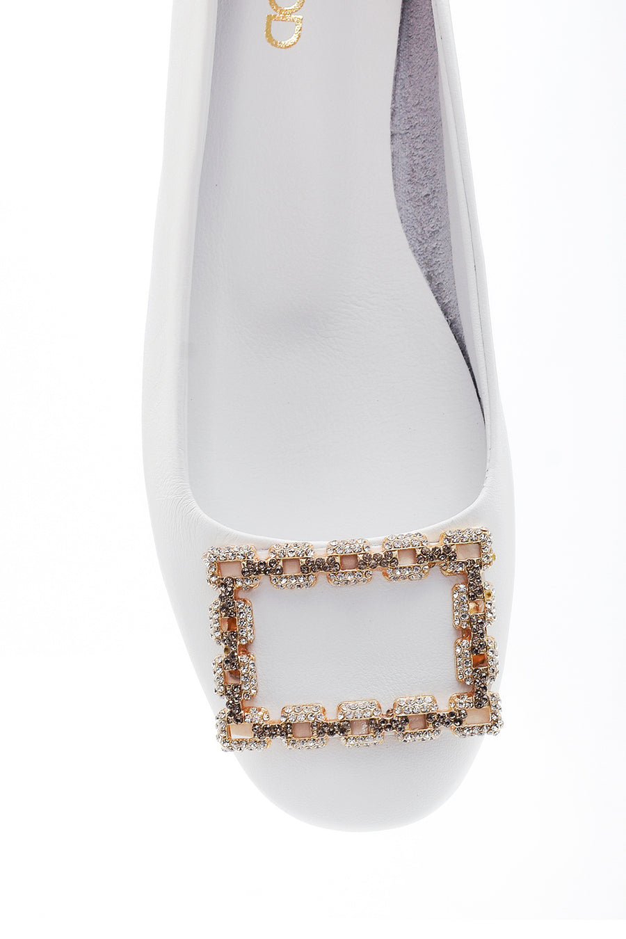 Women's White Leather Ballerinas with Stone Buckle