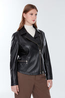 Stefania (Plus) Women's Black Biker Leather Coat | Derimod