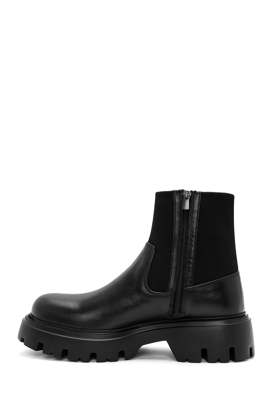 Men's Black Zippered Thick Sole Leather Casual Boots