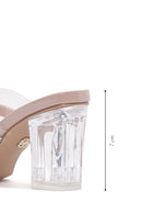Women's Beige Vinyl Stone Thick Heeled Slippers | Derimod
