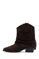 Woman Brown Low Chunky Heel Suede Leather Cowboy Boots | Derimod
