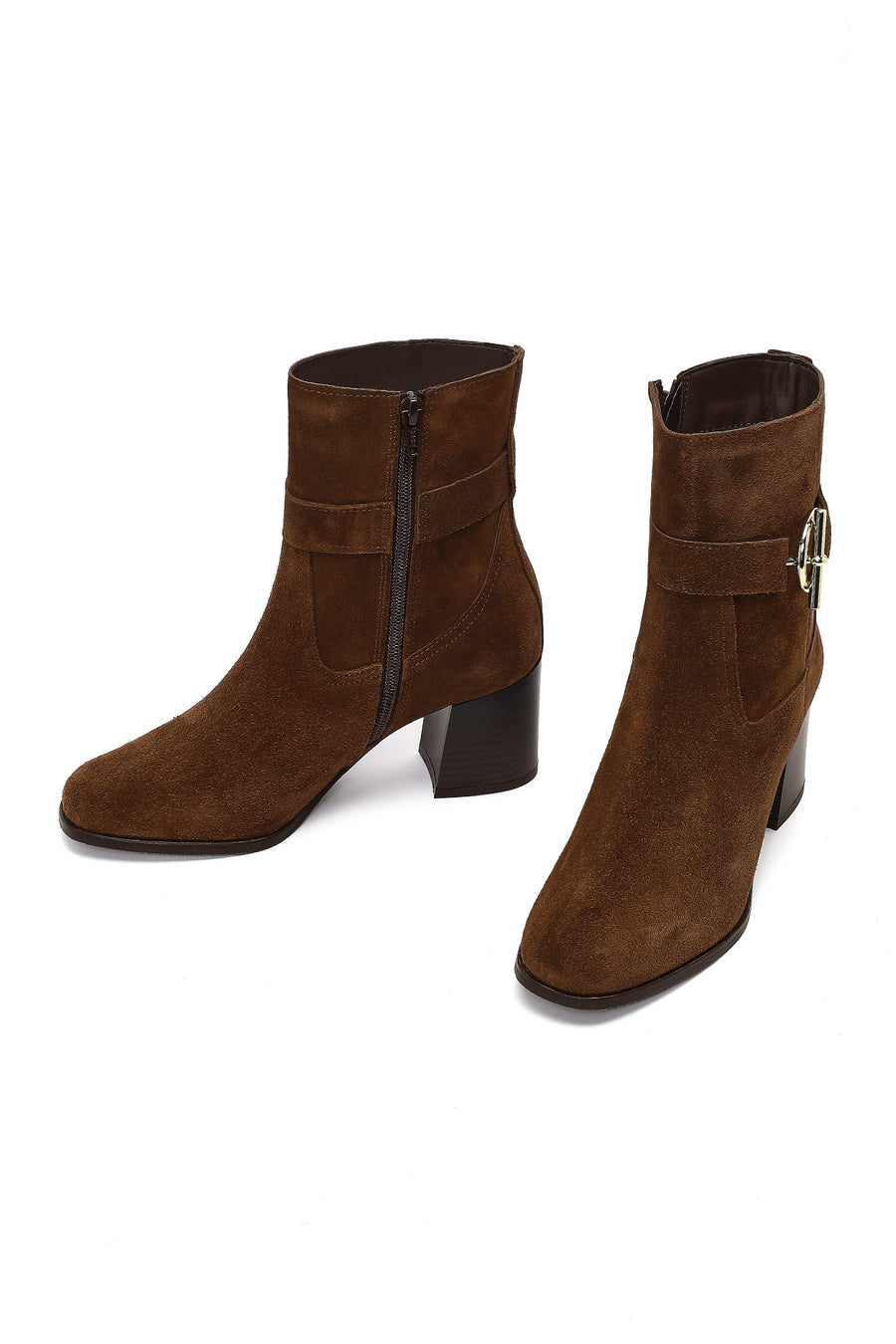 Women's Tan Zippered Thick Heeled Suede Leather Boot