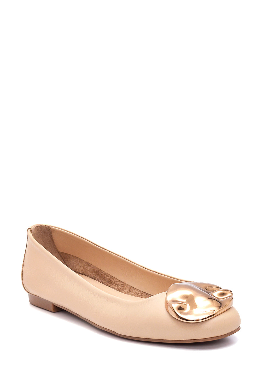 Women's Beige Leather Buckled Ballerinas