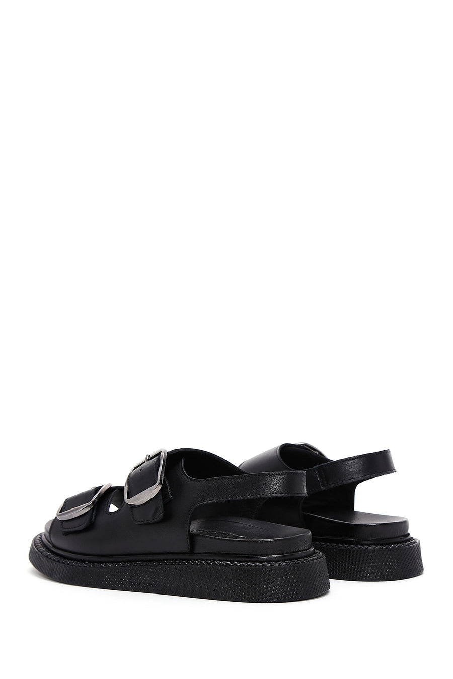 Women's Black Double Buckle Leather Comfort Sandals