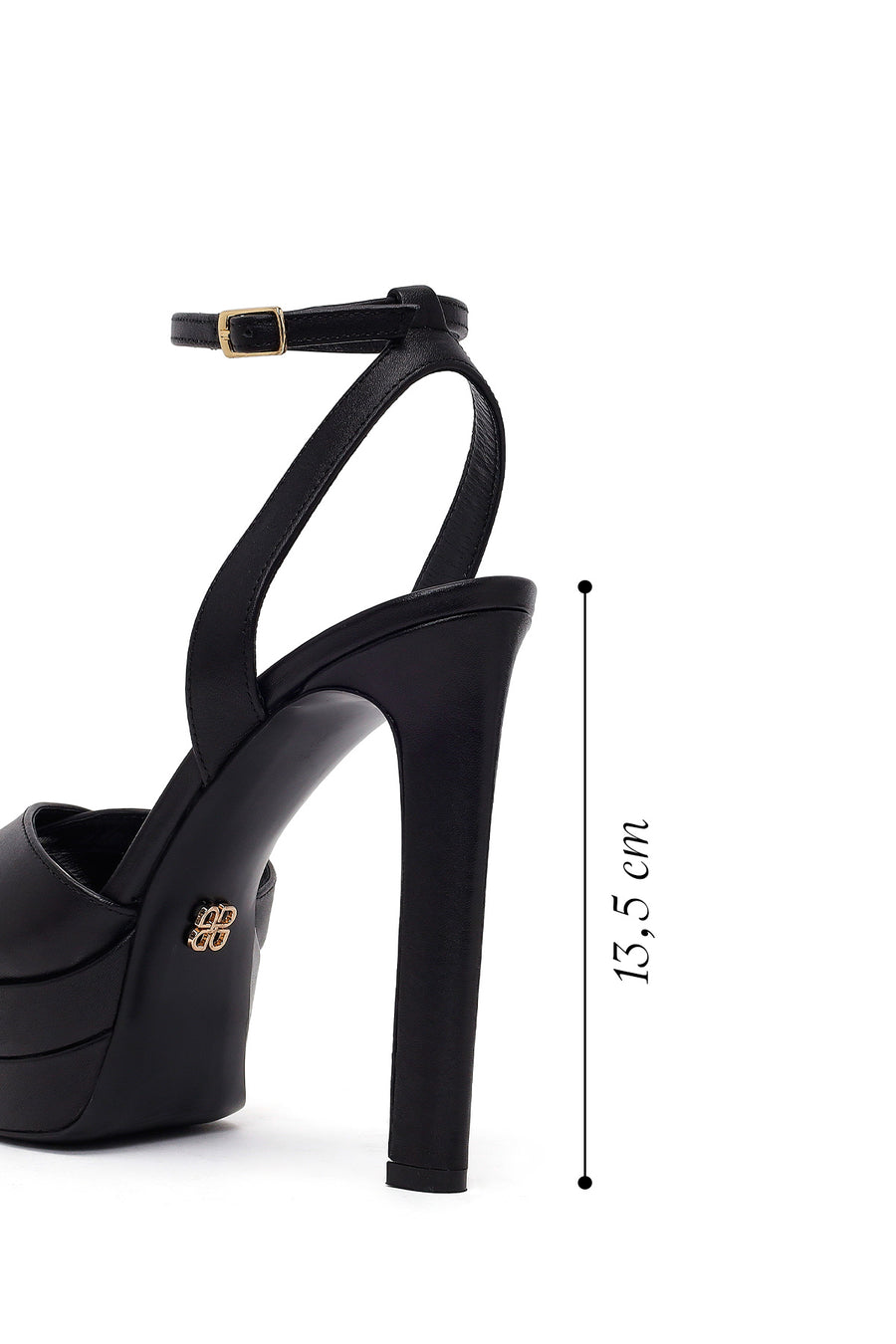 Woman Black Ankle-Strap Buckled Platform High Thick-Heel Leather Sandal